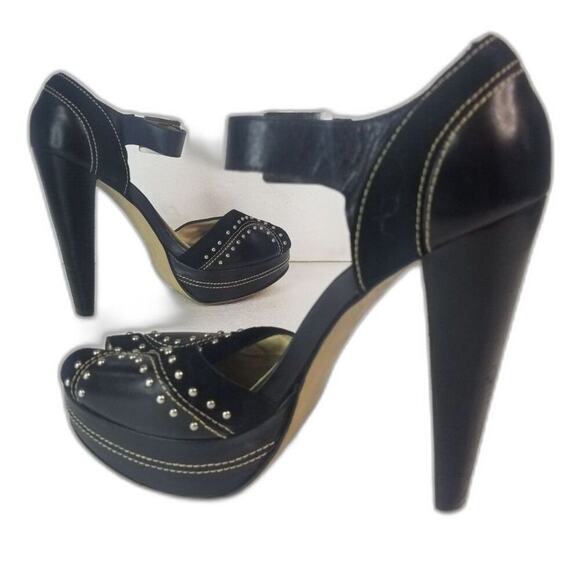 MICHAEL Michael Kors Peep Toe Black Platforms Heels Metal Detail Size 6.5 - Picture 4 of 9